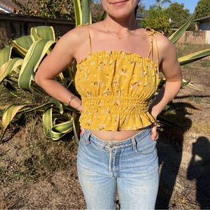 Yellow Floral Ruched Tank Top